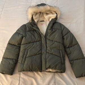 The Children's Place Green Puffer Jacket with Faux Fur Hood